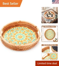 Frcctre 1 Pack Round Rattan Serving Tray with Mother of Pearl Inlay Wooden Base,