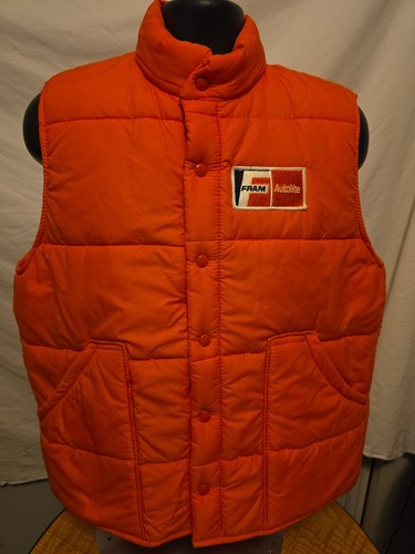 Vintage Fram Oil Filter Orange Puffer Vest Size Large