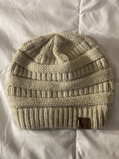 Beanie Hat CC Stretch Taupe Cable Knit Ribbed Super Soft Faux Fur Pom Pom