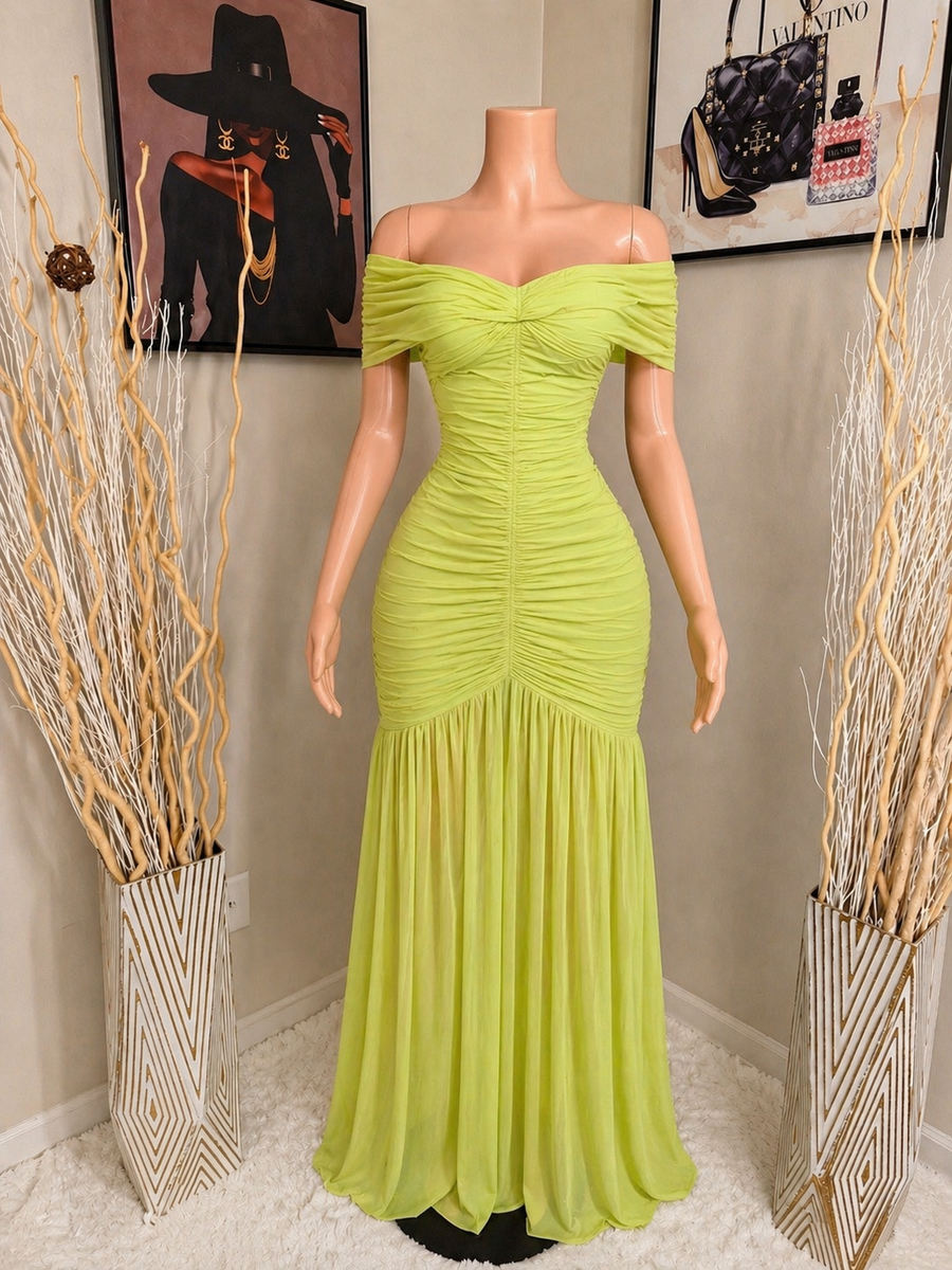 Lime Green Ruched Maxi Dress Women Off Shoulder Bodycon Evening Vacation  Dress L | eBay