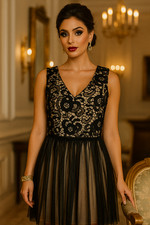 Miami Black Crochet Lace Tan Lining Mesh Overlay Sleeveless Full Zip Dress MED