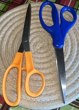 Lot of 2 Fiskars 8  Stainless Shears Scissors Made USA Orange And Blue Handles