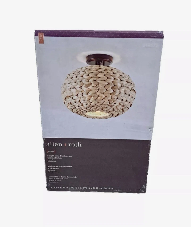 Allen Roth REED Island Style RATTAN SHADE Semi-Flushmount Ceiling Fixture Bronze - Image 2 of 3
