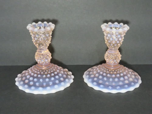 Fenton Pink Opalescent Hobnail 4" Candle Holders Pair