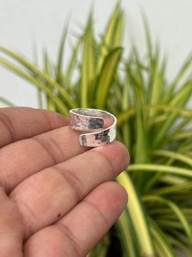 Hammered 925 Sterling Silver Adjustable Wrap Ring Boho Band