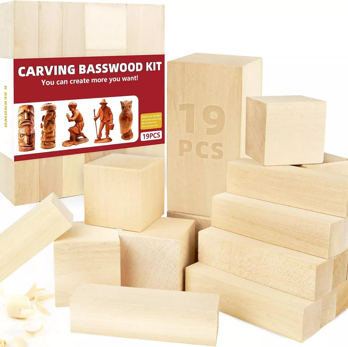 Basswood Carving Blocks, 19PCS Whittling Wood Blocks Wood Carving Kit with  3 Dif