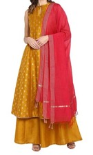 Women's Mustard Poly Silk Gold Print Kurta with Palazzo and Dupatta