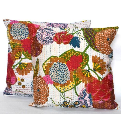 Set Of 2 Pillow Cases Boho Cushion Vintage Cotton Kantha Cushion Cover 16X16Inch - Picture 1 of 5