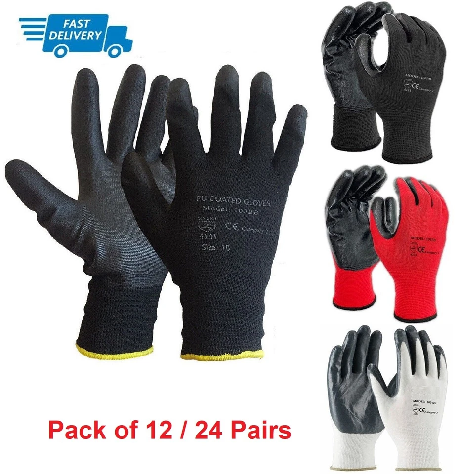 ONETOUCH 24 PAIRS NEW BLACK COATED SAFETY WORK GLOVES GARDEN GRIP MENS BUILDERS GARDENING