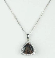 STERLING SILVER NECKLACE PENDANT-BROWN AMETHYST STONE & RHINESTONES-18" CABLE CN