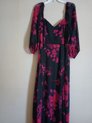 Premier Amour 3/4 Sleeve Floral Maxi Dress in Black Red Fuchsia | eBay