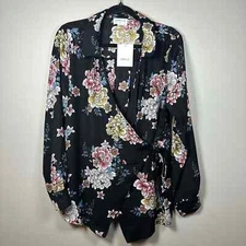 NWT Emelia Large Black Blue White Pink Floral Long Sleeve Wrap Blouse Top