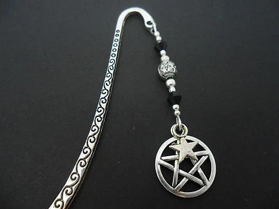 A TIBETAN SILVER PENTANGLE & STAR BLACK CRYSTAL PENTAGRAM CHARM BOOKMARK. NEW.