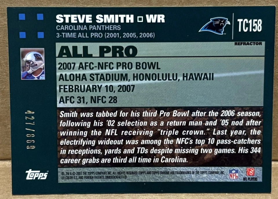 2007 NFL TOPPS CHROME WHITE REFRACTOR STEVE SMITH ALL-PRO TC158 PANTHERS 427/869 - Image 2 of 2
