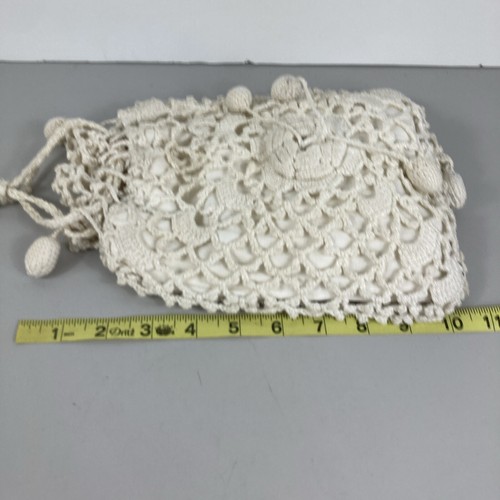 Antique Reticule Crochet Drawstring Miser Purse White Lined Puffy Tassels Poms - Picture 8 of 14