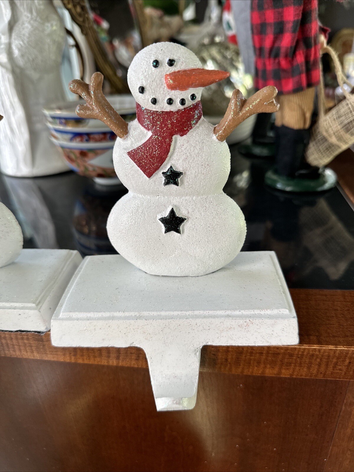 Cast Iron Snowman Stocking Holder Hanger Heavy Base Christmas Set Of