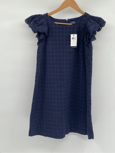 Ralph Lauren Dress Kids Girls Size 16 Navy Blue Eyelet Flutter Sleeve New