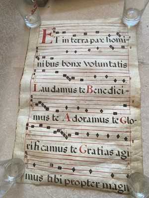 Antique Gregorian Chant Sheet Music On Vellum Parchment Illuminated Manuscript