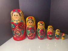 VTG Russian Matryoshka Nesting Dolls Set of 6 Wooden Hand Painted Tallest Is 9”