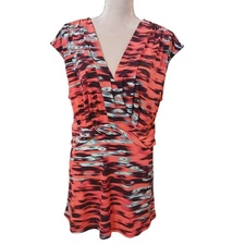 Attention Women's Coral Abstract Print V Neck Empire Waist Shirt XL Y2k Stretch