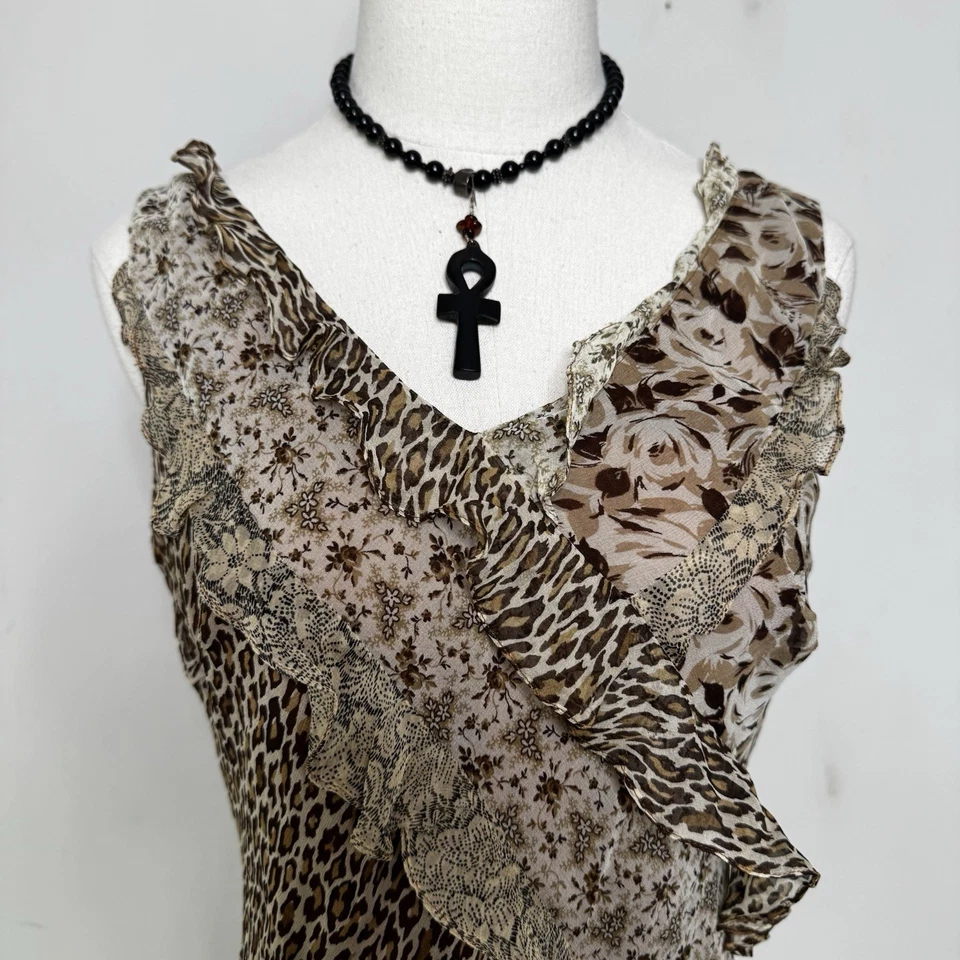 Vestido de hadas transparente asimétrico estampado mixto seda terroso vintage años 90 coqueta 10 Foto 2 de 4