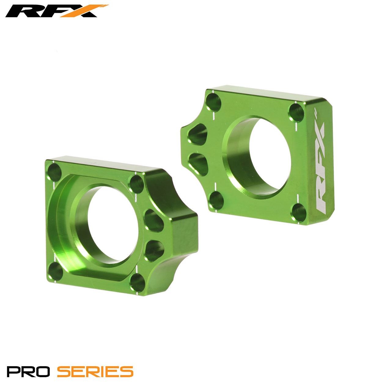 RFX Pro Rear Axle Adjuster Blocks Green KXF250 04-20 KXF450 04-20