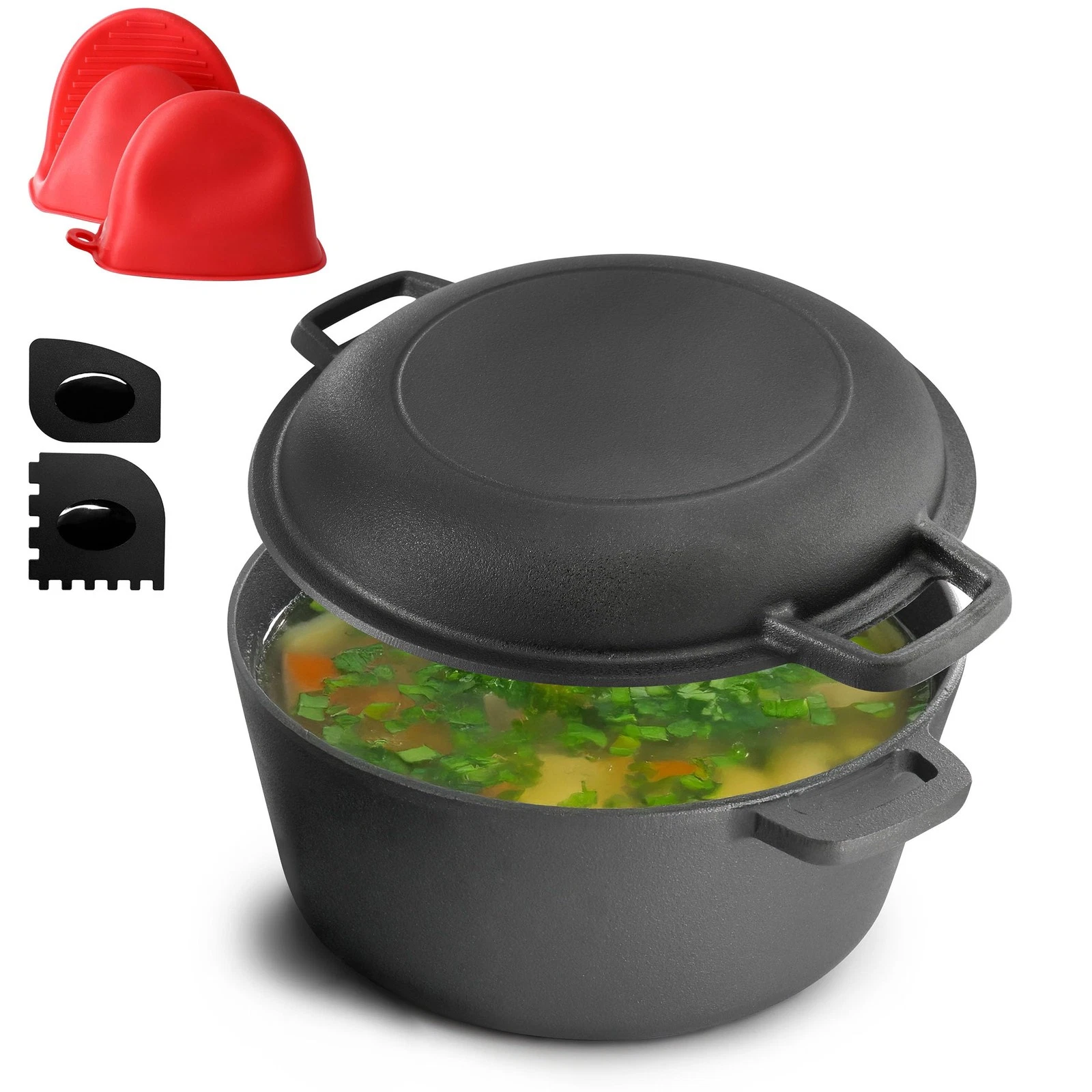 5 Quart Pre-Seasoned 2-in-1 Cast Iron Dutch Oven and Skillet