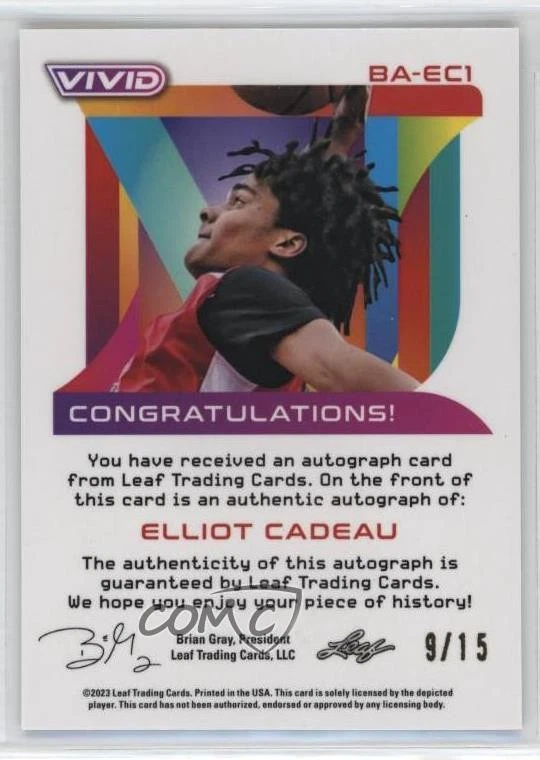 2022-23 Leaf Vivid Green /15 Elliot Cadeau #BA-EC1 Auto - Image 2 of 2