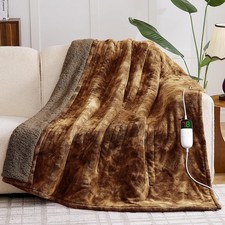 50"x60" Brown Heated Electric Blanket Throw Faux Fur Sherpa Heating Blanket