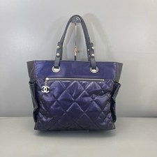 Chanel Paris Biarritz Tote Bag Navy Coated Canvas Silver‑Tone Hardware Authentic