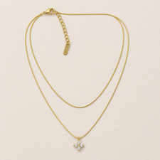 Gold Layered Necklace Set CZ Clover Pendant Snake Chain Tarnish Free