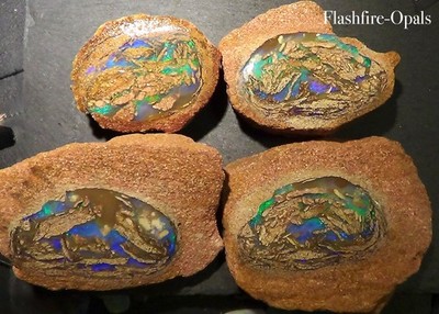 2000 ct.  PIPE BOULDER OPAL 4-er SET Türkise Grün-Blaue Adern  FLASHFIRE-OPALS