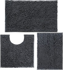3 Piece Chenille Bath Rug Set Charcoal Grey Non Slip Absorbent Soft Luxury Mats