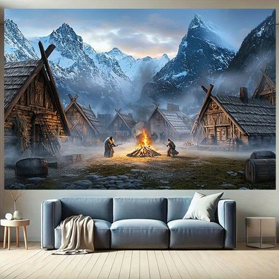 1pc Viking Village Scene Wall Tapestry - 100% Polyester, Durable & Lightweight w