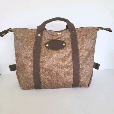Borbonese Quail Pattern Nylon Tote Travel Handbag Shopping Designer Brown Italy