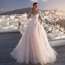Romantic V  Neck A  Line Wedding Dress Lace Half Sleeve Glitter Tulle Bridal Gowns