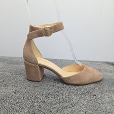 Nine West Addison Heels 7.5M Tan Cream Suede Ankle Strappy Gold Block Heel Shoes