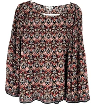 Max Studio Fall Colors Floral Print Peasant Blouse Women's Large Brown Flowy NEW