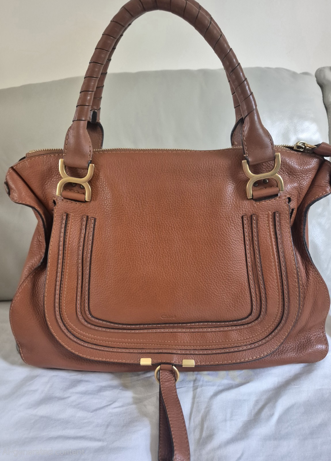 Chloé Marcie Brown Pebbled Leather Satchel Top Handle Bag Zip Detachable Strap