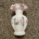 Fenton Satin White Pink Glass Ruffled Hand Painted Rose Melon Vase Signed