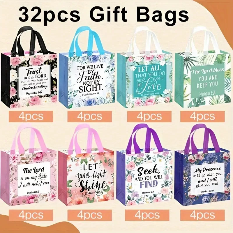 32PK Bible Verse Flower Gift Bag with Handles Religious Reusable Gift Bags Bulk