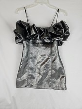 Zara Voluminous Mini  Dress in Silver  Ruffled Neckline size M Spaghetti Straps 