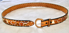 VINT. MEXICAN TOOLED LEATHER BELT w/ GOLD-TONE BORDER RINGS EDGING-EX. LARGE, 46