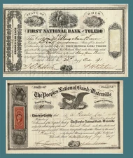 2 Antique Bank Stock Certificates Waterville 1869 and Toledo 1871