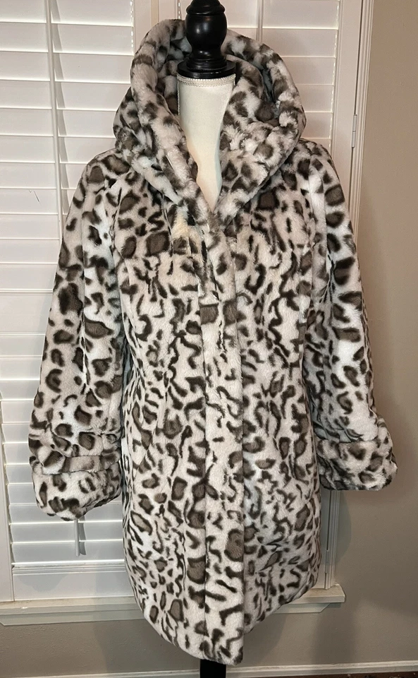 Abrigo acolchado Dennis Basso reversible de piel sintética lince de nieve talla S capucha estampado animal Foto 3 de 4