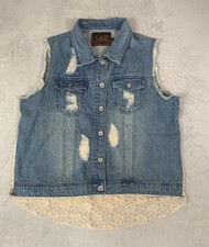 L & B Denim Vest Womens Sz L Distressed Skulls Flowers Lace Western Ranch Rodeo