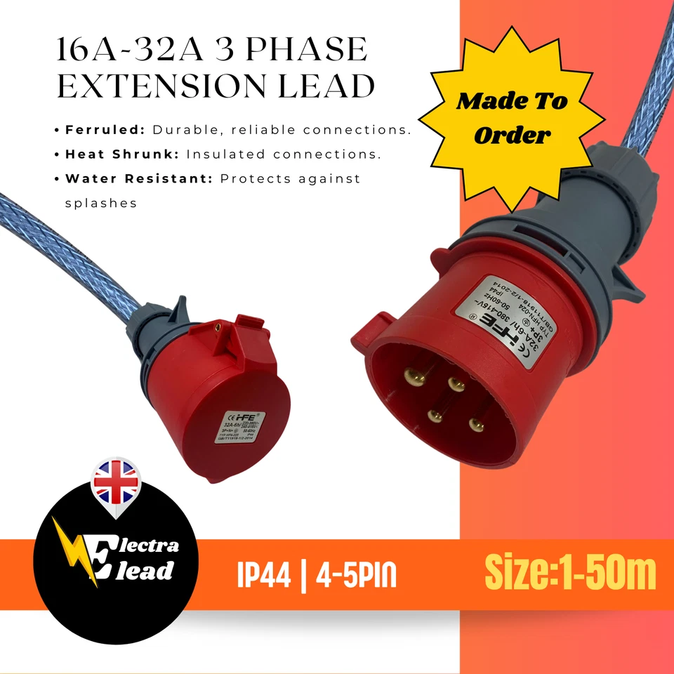 3 PHASE EXTENSION LEAD 16A/32A | 4/5 PINS | 415V - IP44 - SY ARMOURED CABLE! - Image 3 of 4