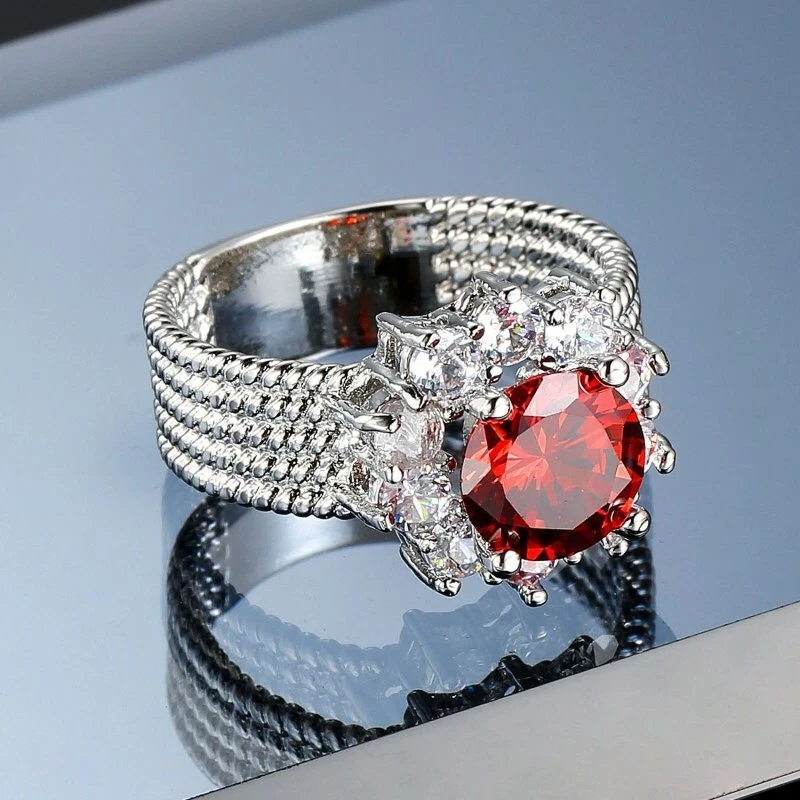 Red CZ Round Cut Flower Band AAA Cz Engagement Women's 925 Silver Ring Size 6-10 - image 2 of 4