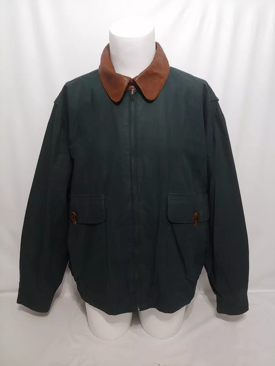 Gant Green Cotton Brown Leather Collar Logo Mens Jacket Size XL | eBay