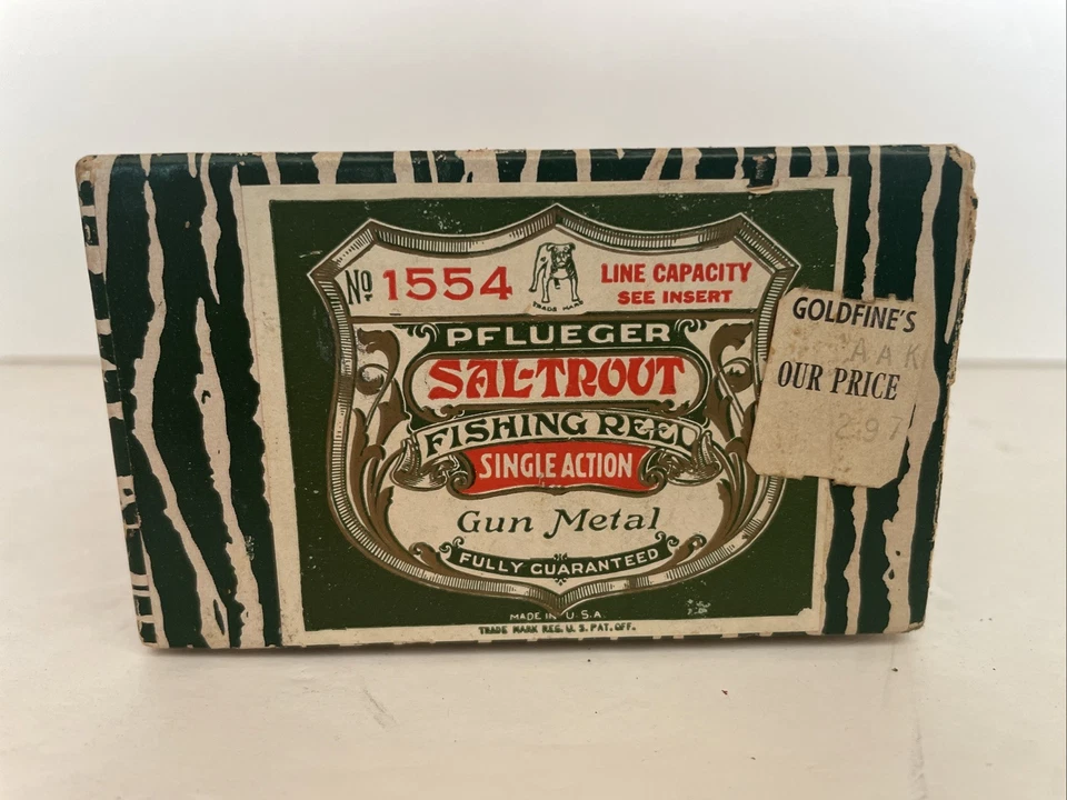 Carrete de pesca vintage Pflueger Sal-Trout de una sola acción 1554 caja original + papel Foto 2 de 4